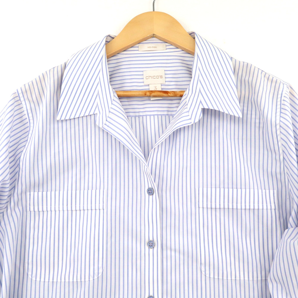 CHICOS Sz 3 (US XL) No Iron Purple & White Striped Shirt Button Up Top Womens
